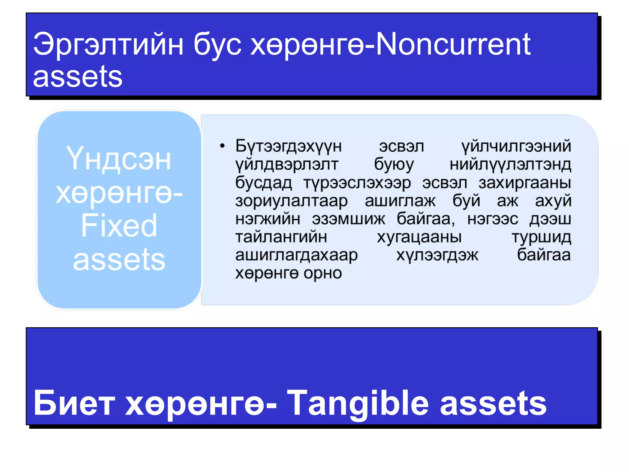 Эргэлтийн бус хөрөнгө-Noncurrent 
assets 
Биет ххөөррөөннггөө-- TTaannggiibbllee aasssseettss 
 