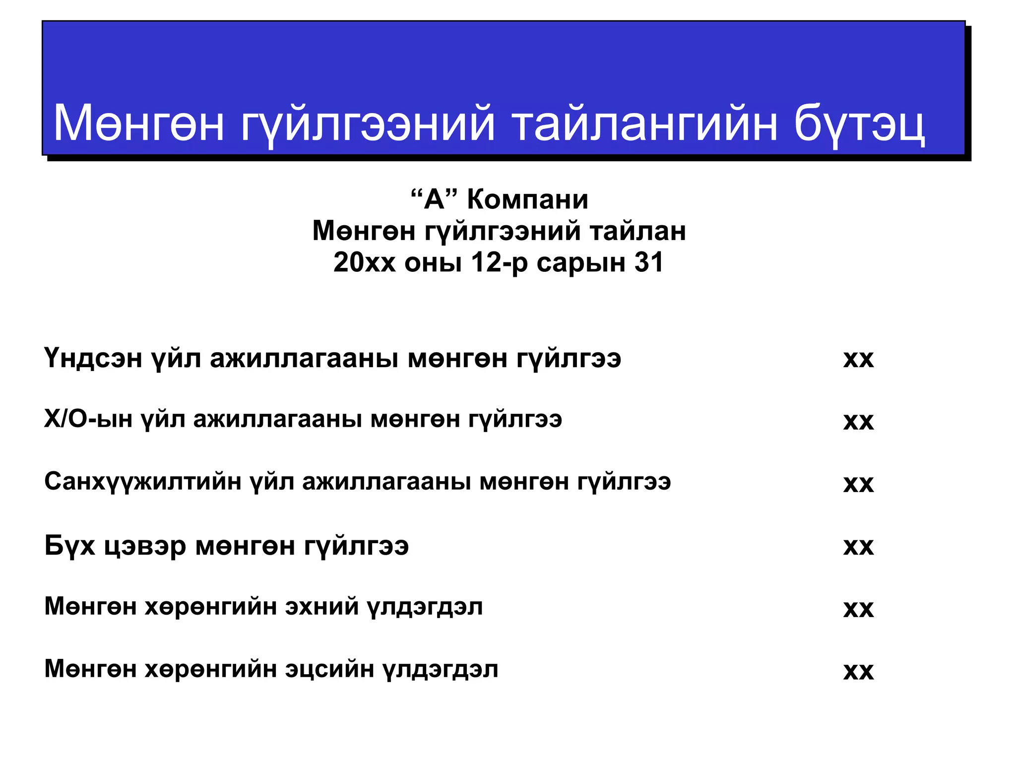 ММөөннггөөнн ггүүййллггээээнниийй ттааййллааннггииййнн ббүүттээцц 
“А” Компани 
Мөнгөн гүйлгээний тайлан 
20хх оны 12-р сарын 31 
Үндсэн үйл ажиллагааны мөнгөн гүйлгээ хх 
Х/О-ын үйл ажиллагааны мөнгөн гүйлгээ хх 
Санхүүжилтийн үйл ажиллагааны мөнгөн гүйлгээ хх 
Бүх цэвэр мөнгөн гүйлгээ хх 
Мөнгөн хөрөнгийн эхний үлдэгдэл хх 
Мөнгөн хөрөнгийн эцсийн үлдэгдэл хх 
 