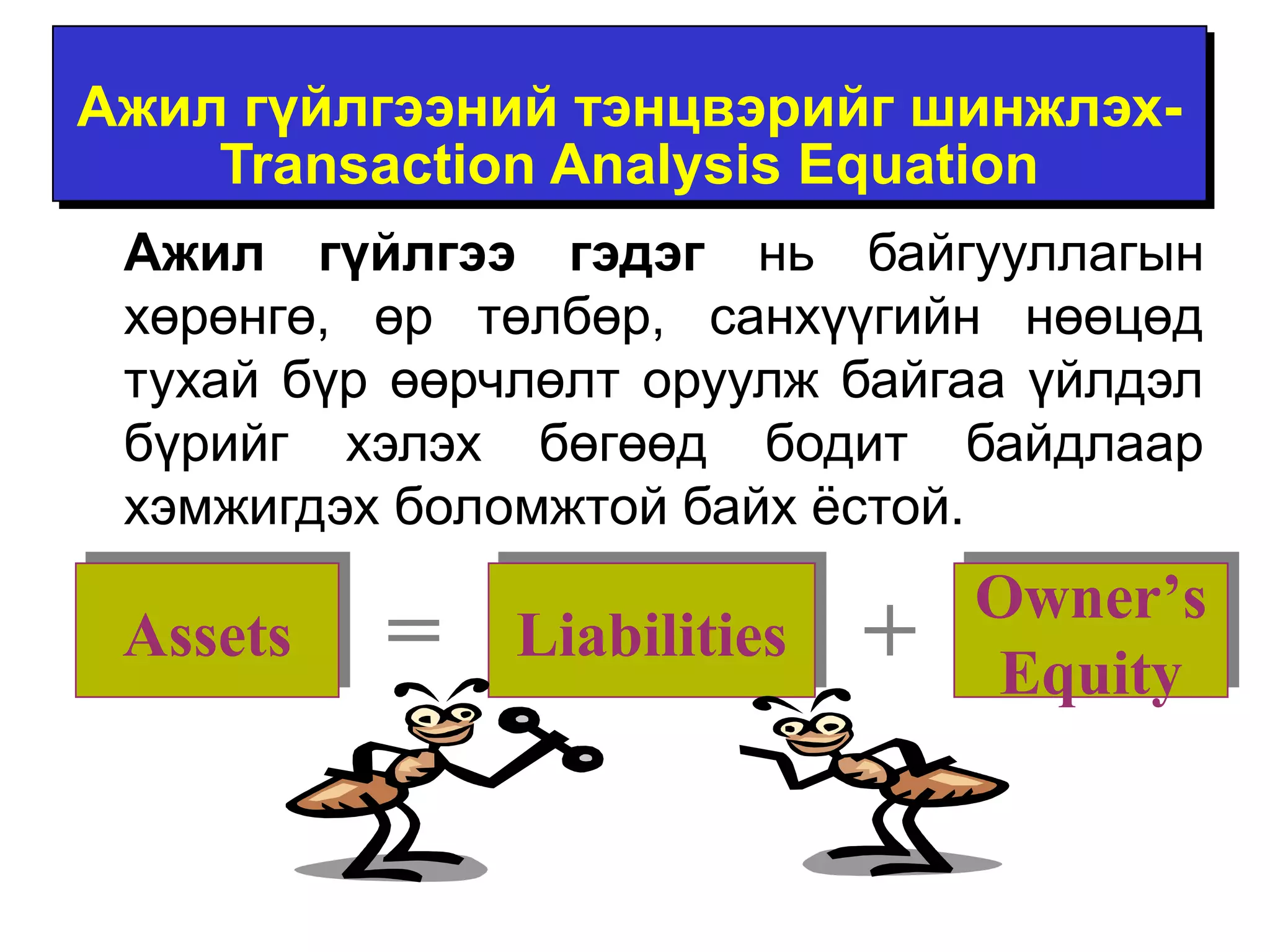Ажил гүйлгээний тэнцвэрийг шинжлэх- 
Transaction Analysis Equation 
Ажил гүйлгээ гэдэг нь байгууллагын 
хөрөнгө, өр төлбөр, санхүүгийн нөөцөд 
тухай бүр өөрчлөлт оруулж байгаа үйлдэл 
бүрийг хэлэх бөгөөд бодит байдлаар 
хэмжигдэх боломжтой байх ёстой. 
LLiiaabbiilliittiieess 
Owner’s 
Equity 
Owner’s 
Equity 
AAsssseettss = + 
 