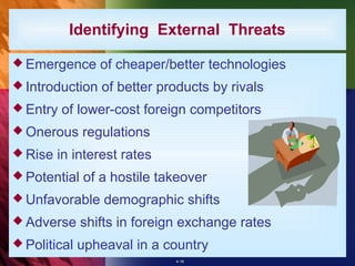 Identifying External Threats

 Emergence      of cheaper/better technologies
 Introduction   of better products by rivals
 Entry   of lower-cost foreign competitors
 Onerous     regulations
 Rise   in interest rates
 Potential   of a hostile takeover
 Unfavorable     demographic shifts
 Adverse     shifts in foreign exchange rates
 Political   upheaval in a country
                              4-16
 