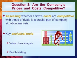 Question 3: Are the Company’s
        Prices and Costs Competitive?

 Assessing  whether a firm’s costs are competitive
 with those of rivals is a crucial part of company
 situation analysis


 Key   analytical tools


     Value chain analysis


     Benchmarking
                             4-18
 