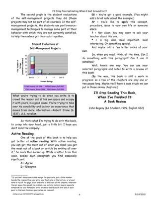 I’ll Stop Procrastinating When I Get Around to It
        The second graph is the student evaluations                                                     EG = You’ve got a good example. (You might
of the self-management projects they did (these                                                       add a brief note about the example.)
projects may not be part of all courses). In the self-                                                  AP = You’d like to apply this concept,
management projects, the students use performance-                                                    procedure, issue to your own life or someone
management techniques to manage some part of their                                                    else’s.
behavior with which they are not currently satisfied,                                                   ? = Not clear. You may want to ask your
to help themselves get their acts together.                                                           teacher about this one.
                                                                                                        * = A big deal. Real important. Real
                                       Student Evaluations of                                         interesting. Or something special.
                                    Self-Management Projects                                            And maybe add a few letter codes of your
                                                                                               own.
                               60
                                                                                                       So, when you read, think, all the time. Can I
                               50                                                              do something with this paragraph? Can I use it
        (Semesters Combined)




                                                                                               somehow?
           Total Number of




                               40
                Ratings




                               30                                                                      Well, here’s one way: You can use your
                               20                                                              selected paragraphs and notes to write a review of
                               10
                                                                                               this book!
                                0
                                    Good-1     2          3           4       Bad-5
                                                                                                       (By the way, this book is still a work in
                                                   Student Ratings
                                                                                               progress; so a few of the chapters are only one or
                                                                                               two pages long. Maybe you’ll have a case study we can
                               P360 Honors. Fall 1996         P360 Honors. Fall 1997
                                                                                               put in those skinny chapters.)
                               P360 Honors. Winter 1998       P360 Honors. Fall 1999

                                                                                                         I’ll Stop Reading This Book,
    What you’re trying to do when you write is to
                                                                                                             When I’ve Finished It:
    crowd the reader out of his own space and occupy
    it with yours, in a good cause. You’re trying to take                                                        A Book Review
    over his sensibility and deliver an experience that
                                                                                                      John Begeny (BA Student, 1999, English 462)
    moves from mere information.—Robert Stone (b.
    1937), U.S. novelist.

        So that’s what I’m trying to do with this book,
to creep into your head, just a little bit. I hope you
don’t mind the company.

Active Reading
        One of the goals of this book is to help you
get better at active reading. With active reading,
you can get the most out of what you read: you get
the most out of a book or article by writing all over
it.2 So mark this sucker up. Write a letter from this
code, beside each paragraph you find especially
significant:
        A = Agree
        D = Disagree


2
 If you don’t have room in the margin for your note, put a little number
beside the relevant line; and write your foot note at the bottom, or a head
note at top of the page, or an end note at the back of the chapter, wherever
there’s space. No space? No problem, use a sticky note or keep a separate
notebook for your notes and write a number beside each note and at each
point in the book to where your notes are relevant.

    ch00preface-100723205751-phpapp01.doc                                                  v                                              7/24/2010
 