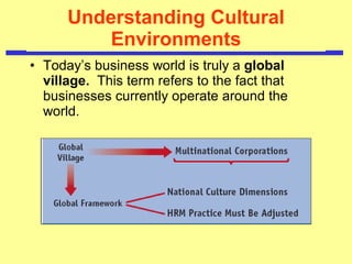 Understanding Cultural Environments Today’s business world is truly a  global village.  This term refers to the fact that businesses currently operate around the world. 