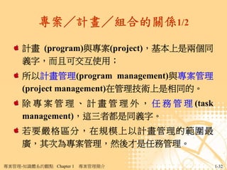 專案／計畫／組合的關係1/2

     計畫 (program)與專案(project)，基本上是兩個同
     義字，而且可交互使用；
     所以計畫管理(program management)與專案管理
     (project management)在管理技術上是相同的。
     除 專 案 管 理 、 計 畫 管 理 外 ， 任 務 管 理 (task
     management)，這三者都是同義字。
     若要嚴格區分，在規模上以計畫管理的範圍最
     廣，其次為專案管理，然後才是任務管理。

專案管理-知識體系的觀點 Chapter 1   專案管理簡介              1-32
 