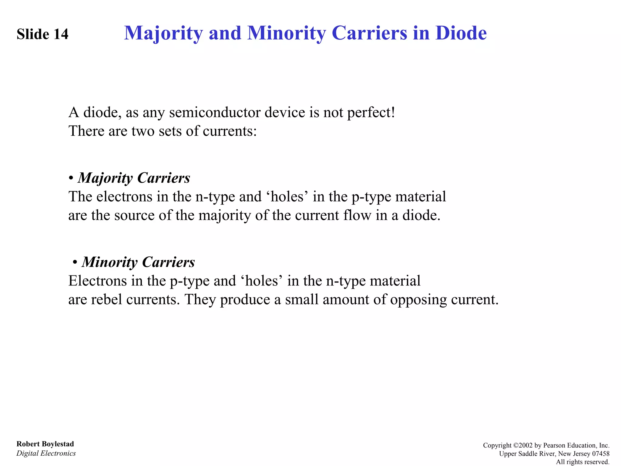 Slide 14 Robert Boylestad Digital Electronics Copyright ©2002 by Pearson Education, Inc. Upper Saddle River, New Jersey 07458 All rights reserved. A diode, as any semiconductor device is not perfect!  There are two sets of currents: •  Majority Carriers The electrons in the n-type and ‘holes’ in the p-type material are the source of the majority of the current flow in a diode. •  Minority Carriers Electrons in the p-type and ‘holes’ in the n-type material are rebel currents. They produce a small amount of opposing current. Majority and Minority Carriers in Diode 