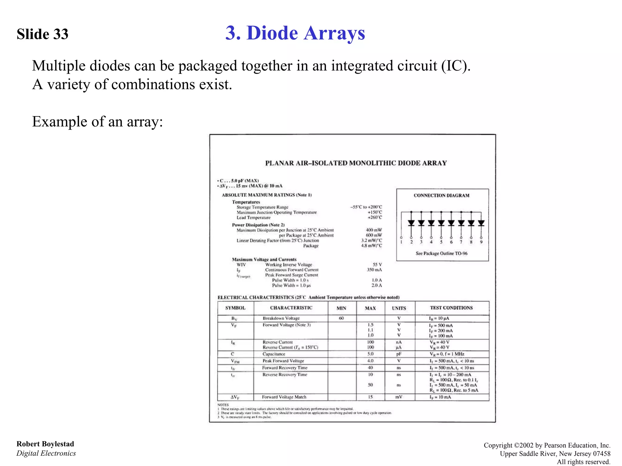Slide 33 Robert Boylestad Digital Electronics Copyright ©2002 by Pearson Education, Inc. Upper Saddle River, New Jersey 07458 All rights reserved. Multiple diodes can be packaged together in an integrated circuit (IC). A variety of combinations exist.  Example of an array: 3. Diode Arrays 