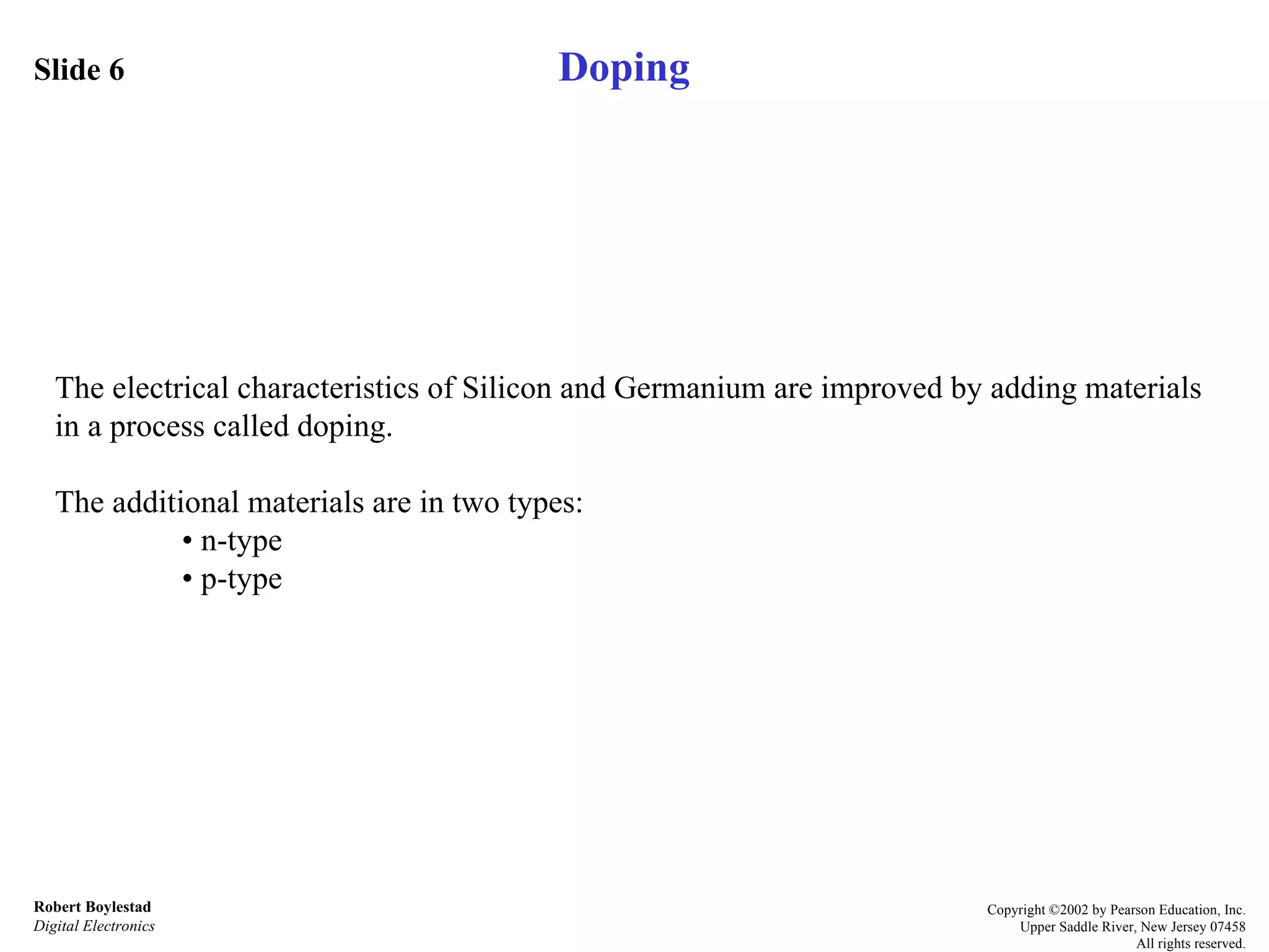Slide 6 Robert Boylestad Digital Electronics Copyright ©2002 by Pearson Education, Inc. Upper Saddle River, New Jersey 07458 All rights reserved. Doping The electrical characteristics of Silicon and Germanium are improved by adding materials in a process called doping. The additional materials are in two types: • n-type • p-type 