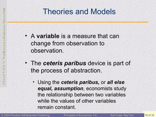 Theories and Models A  variable  is a measure that can change from observation to observation. The  ceteris paribus  device is part of the process of abstraction. Using the  ceteris paribus,  or  all else equal, assumption , economists study the relationship between two variables while the values of other variables remain constant. 