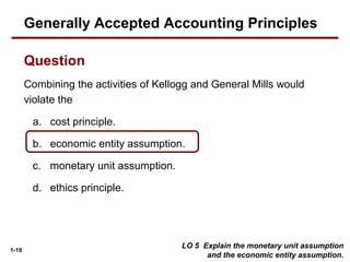 1-19
Question
Combining the activities of Kellogg and General Mills would
violate the
a. cost principle.
b. economic entity assumption.
c. monetary unit assumption.
d. ethics principle.
LO 5 Explain the monetary unit assumption
and the economic entity assumption.
Generally Accepted Accounting Principles
 