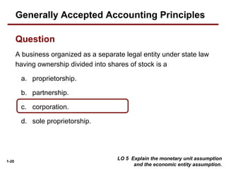 1-20
A business organized as a separate legal entity under state law
having ownership divided into shares of stock is a
a. proprietorship.
b. partnership.
c. corporation.
d. sole proprietorship.
LO 5 Explain the monetary unit assumption
and the economic entity assumption.
Question
Generally Accepted Accounting Principles
 