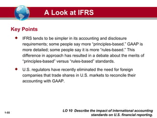 1-55
LO 10 Describe the impact of international accounting
standards on U.S. financial reporting.
Key Points
 IFRS tends to be simpler in its accounting and disclosure
requirements; some people say more “principles-based.” GAAP is
more detailed; some people say it is more “rules-based.” This
difference in approach has resulted in a debate about the merits of
“principles-based” versus “rules-based” standards.
 U.S. regulators have recently eliminated the need for foreign
companies that trade shares in U.S. markets to reconcile their
accounting with GAAP.
A Look at IFRS
 