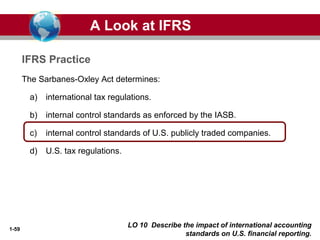 1-59
The Sarbanes-Oxley Act determines:
a) international tax regulations.
b) internal control standards as enforced by the IASB.
c) internal control standards of U.S. publicly traded companies.
d) U.S. tax regulations.
A Look at IFRS
IFRS Practice
LO 10 Describe the impact of international accounting
standards on U.S. financial reporting.
 