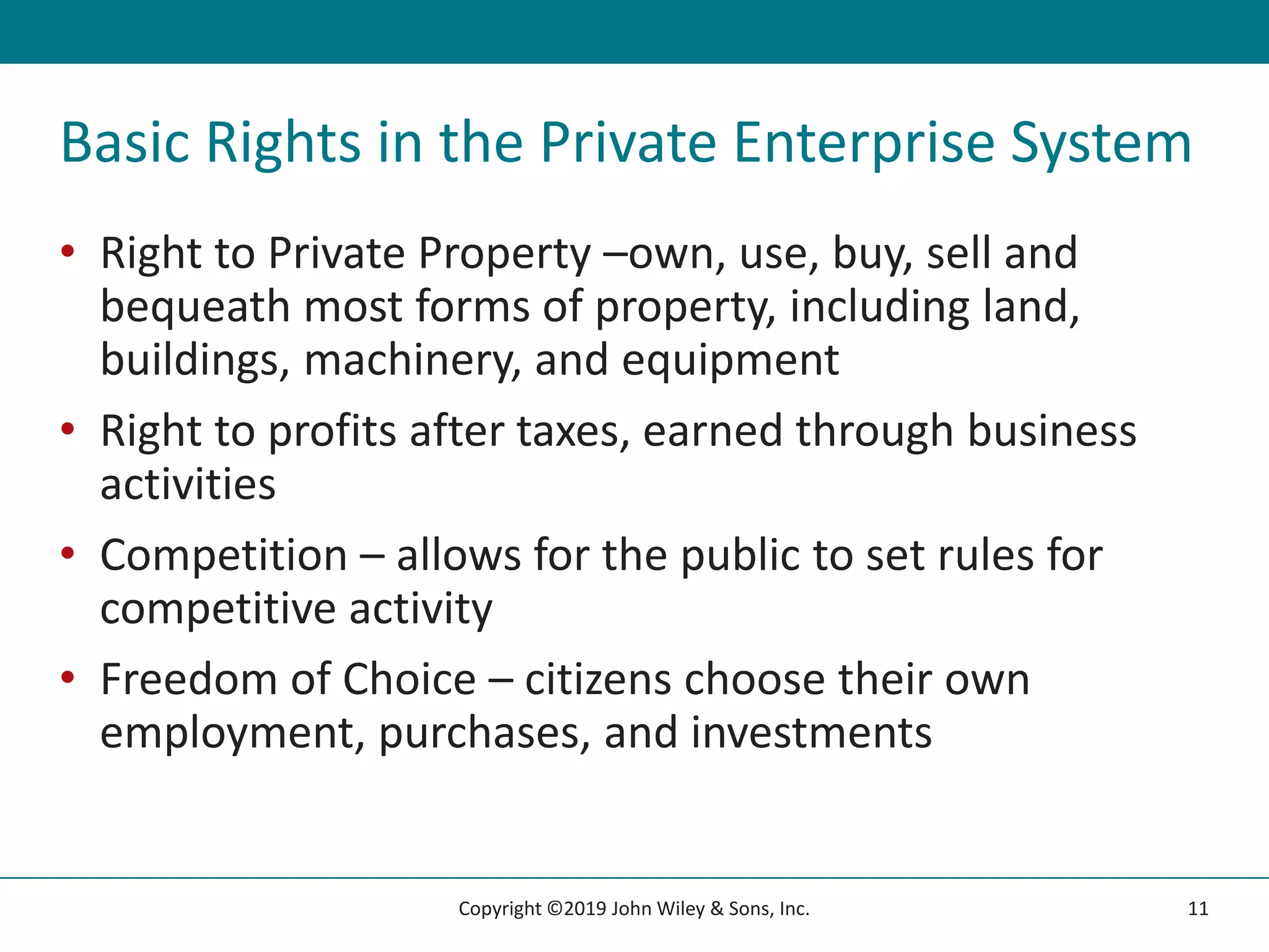 Basic Rights in the Private Enterprise System
• Right to Private Property –own, use, buy, sell and
bequeath most forms of property, including land,
buildings, machinery, and equipment
• Right to profits after taxes, earned through business
activities
• Competition – allows for the public to set rules for
competitive activity
• Freedom of Choice – citizens choose their own
employment, purchases, and investments
11
Copyright ©2019 John Wiley & Sons, Inc.
 