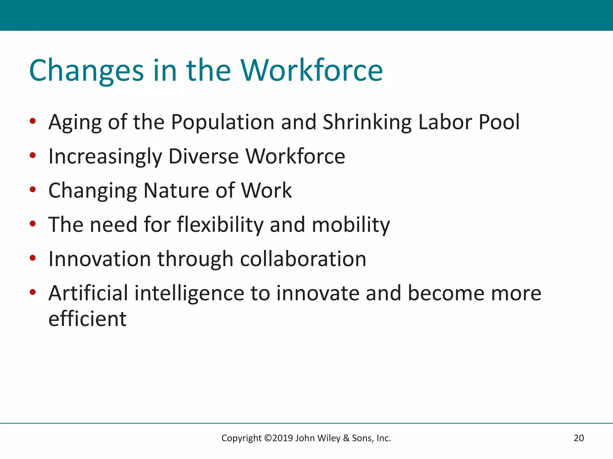 Changes in the Workforce
• Aging of the Population and Shrinking Labor Pool
• Increasingly Diverse Workforce
• Changing Nature of Work
• The need for flexibility and mobility
• Innovation through collaboration
• Artificial intelligence to innovate and become more
efficient
20
Copyright ©2019 John Wiley & Sons, Inc.
 
