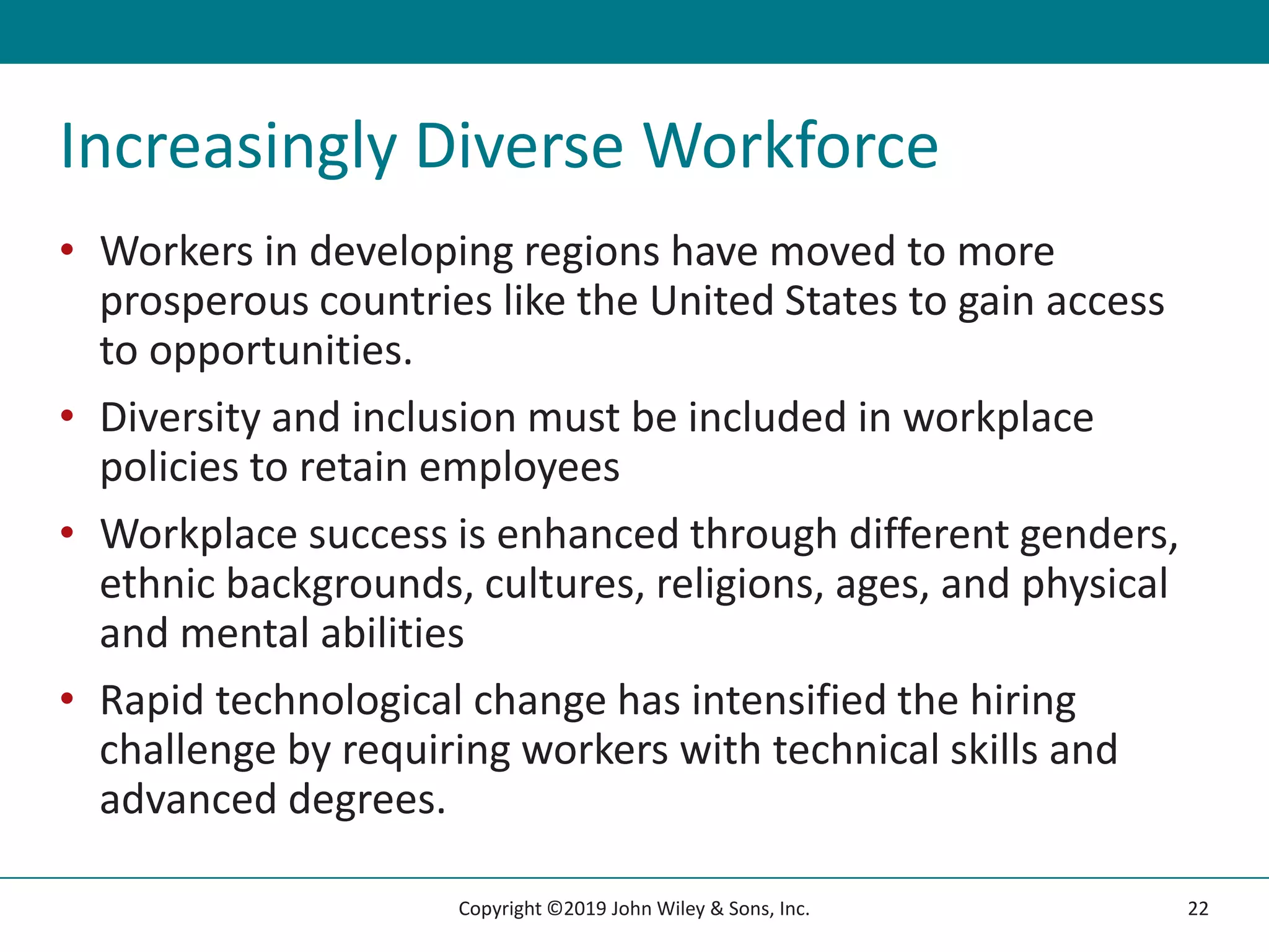 Increasingly Diverse Workforce
• Workers in developing regions have moved to more
prosperous countries like the United States to gain access
to opportunities.
• Diversity and inclusion must be included in workplace
policies to retain employees
• Workplace success is enhanced through different genders,
ethnic backgrounds, cultures, religions, ages, and physical
and mental abilities
• Rapid technological change has intensified the hiring
challenge by requiring workers with technical skills and
advanced degrees.
22
Copyright ©2019 John Wiley & Sons, Inc.
 