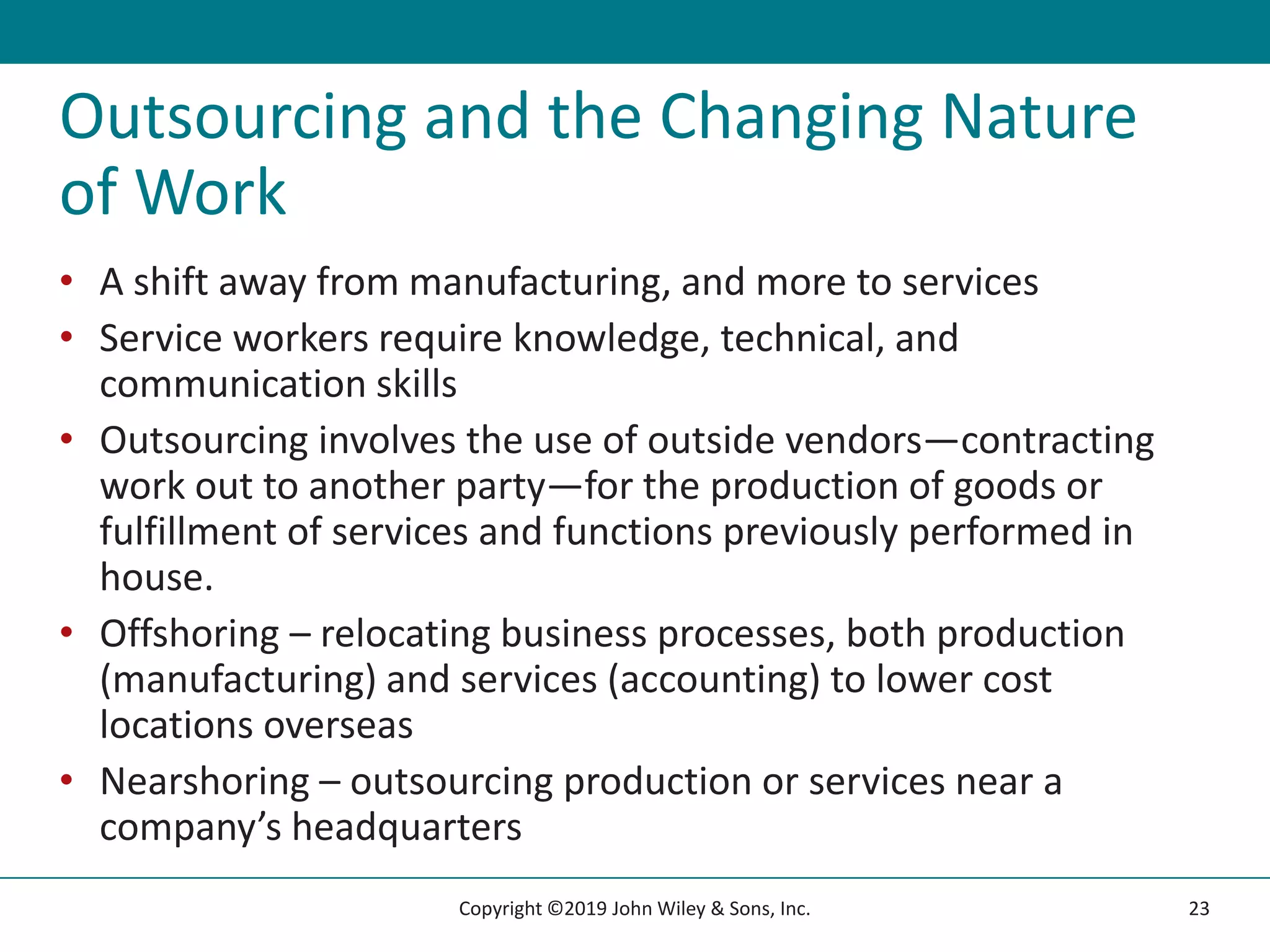 Outsourcing and the Changing Nature
of Work
• A shift away from manufacturing, and more to services
• Service workers require knowledge, technical, and
communication skills
• Outsourcing involves the use of outside vendors—contracting
work out to another party—for the production of goods or
fulfillment of services and functions previously performed in
house.
• Offshoring – relocating business processes, both production
(manufacturing) and services (accounting) to lower cost
locations overseas
• Nearshoring – outsourcing production or services near a
company’s headquarters
23
Copyright ©2019 John Wiley & Sons, Inc.
 