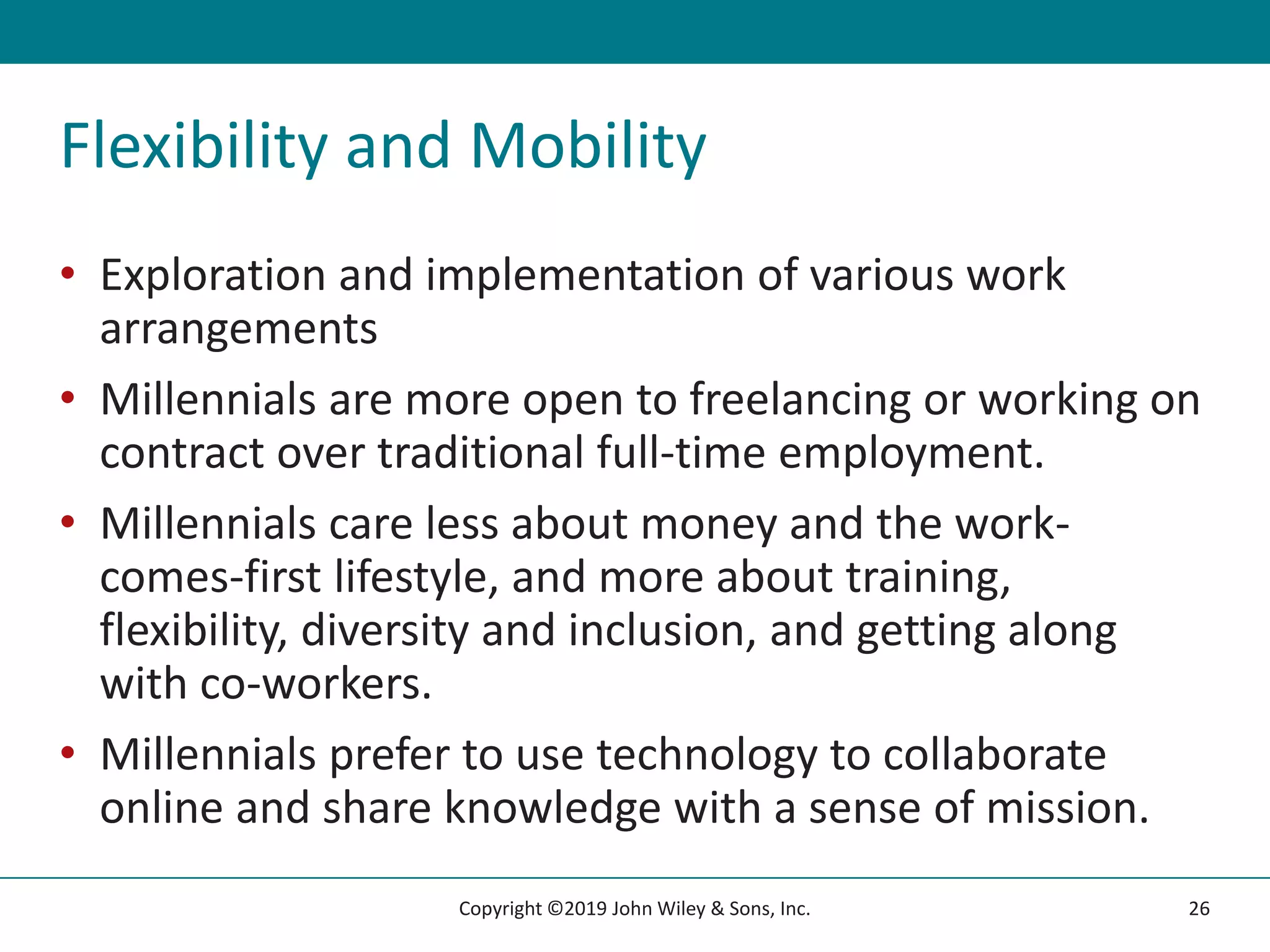 Flexibility and Mobility
• Exploration and implementation of various work
arrangements
• Millennials are more open to freelancing or working on
contract over traditional full-time employment.
• Millennials care less about money and the work-
comes-first lifestyle, and more about training,
flexibility, diversity and inclusion, and getting along
with co-workers.
• Millennials prefer to use technology to collaborate
online and share knowledge with a sense of mission.
26
Copyright ©2019 John Wiley & Sons, Inc.
 