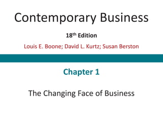 Contemporary Business
18th Edition
Louis E. Boone; David L. Kurtz; Susan Berston
Chapter 1
The Changing Face of Business
 