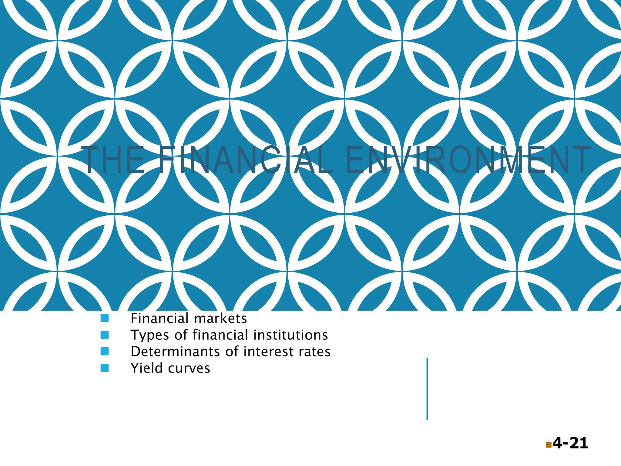 4-21
THE FINANCIAL ENVIRONMENT
 Financial markets
 Types of financial institutions
 Determinants of interest rates
 Yield curves
 