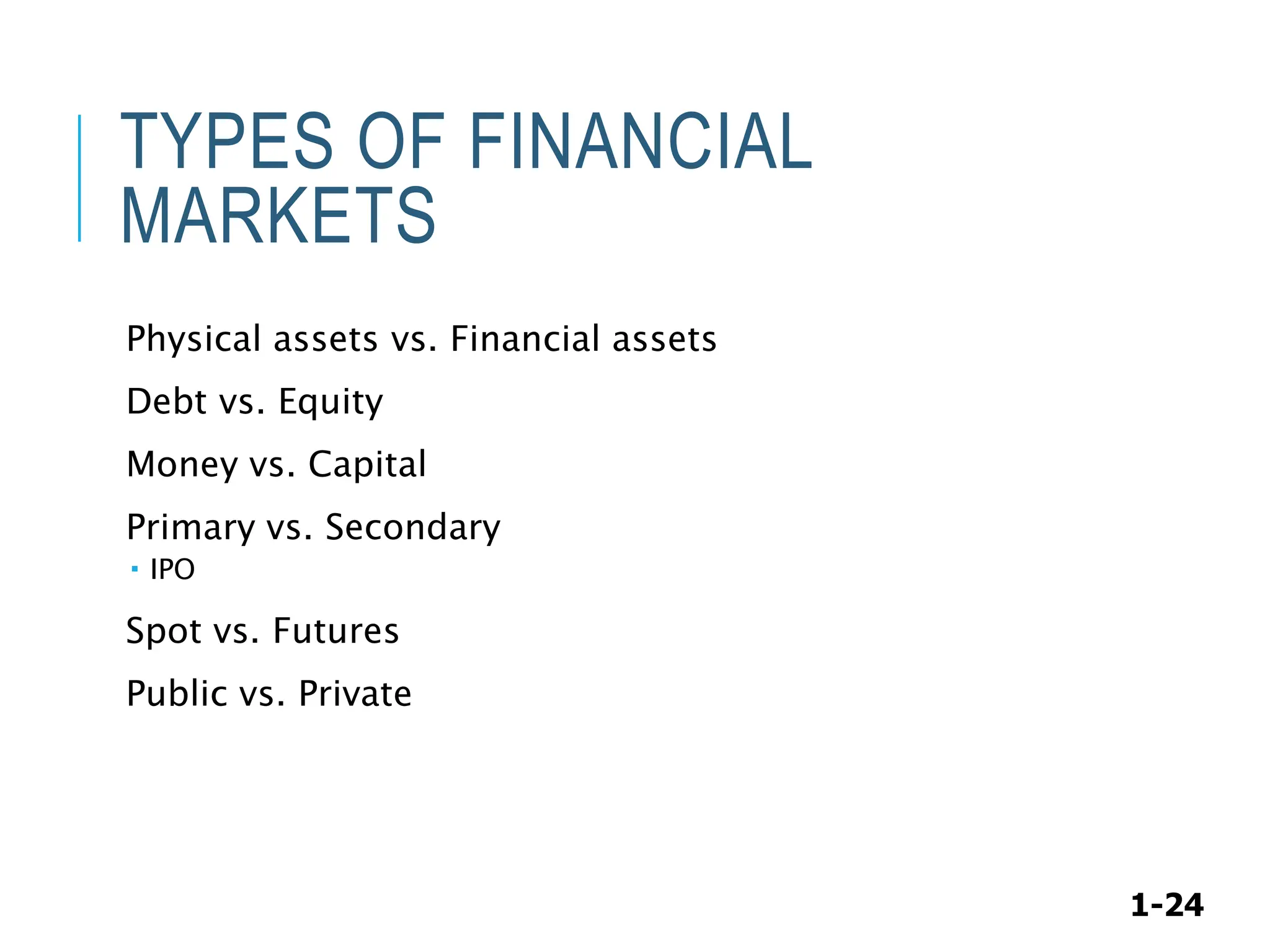1-24
TYPES OF FINANCIAL
MARKETS
Physical assets vs. Financial assets
Debt vs. Equity
Money vs. Capital
Primary vs. Secondary
 IPO
Spot vs. Futures
Public vs. Private
 