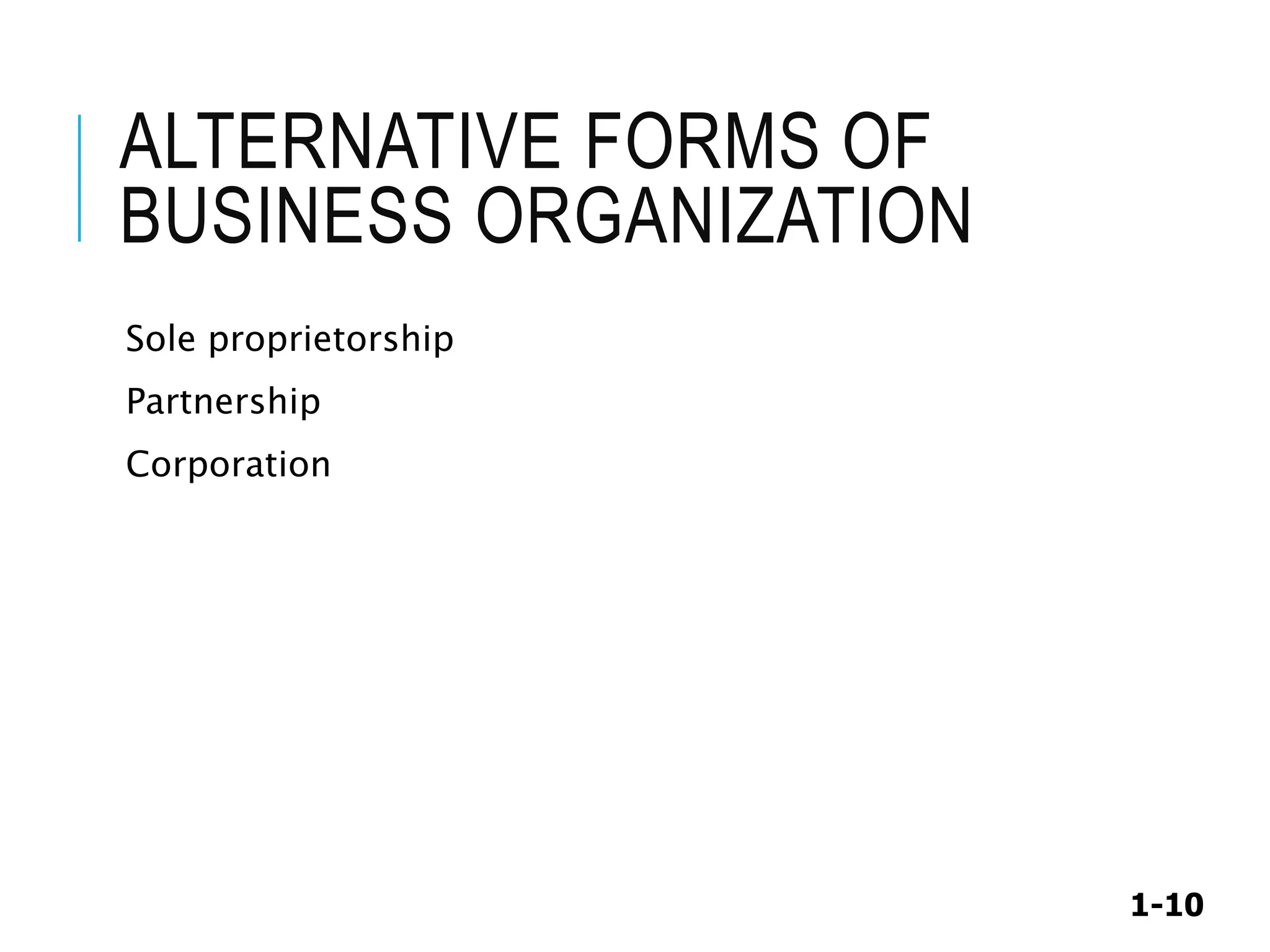 1-10
ALTERNATIVE FORMS OF
BUSINESS ORGANIZATION
Sole proprietorship
Partnership
Corporation
 
