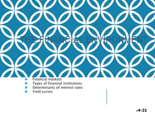 4-21
THE FINANCIAL ENVIRONMENT
 Financial markets
 Types of financial institutions
 Determinants of interest rates
 Yield curves
 
