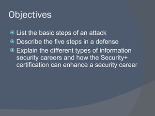 Objectives List the basic steps of an attack Describe the five steps in a defense Explain the different types of information security careers and how the Security+ certification can enhance a security career 