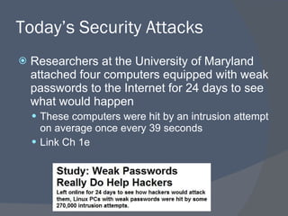 Today’s Security Attacks Researchers at the University of Maryland attached four computers equipped with weak passwords to the Internet for 24 days to see what would happen These computers were hit by an intrusion attempt on average once every 39 seconds Link Ch 1e 