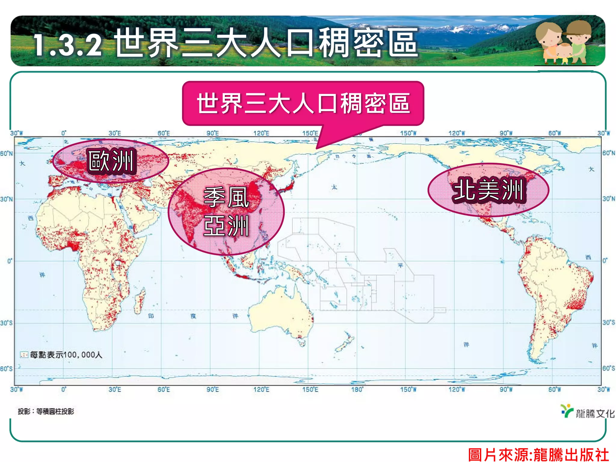 1.3.2 世界三大人口稠密區
        世界人口分布圖
      世界三大人口稠密區




                  圖片來源:龍騰出版社
 