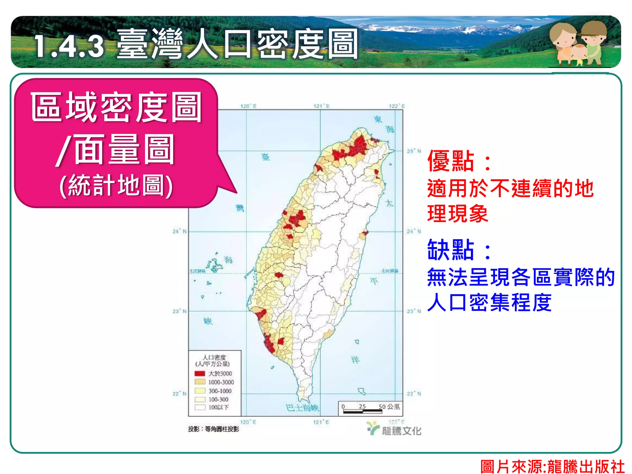 1.4.3 臺灣人口密度圖
區域密度圖
 /面量圖           優點：
 (統計地圖)         適用於不連續的地
                理現象
                缺點：
                無法呈現各區實際的
                人口密集程度




                  圖片來源:龍騰出版社
 