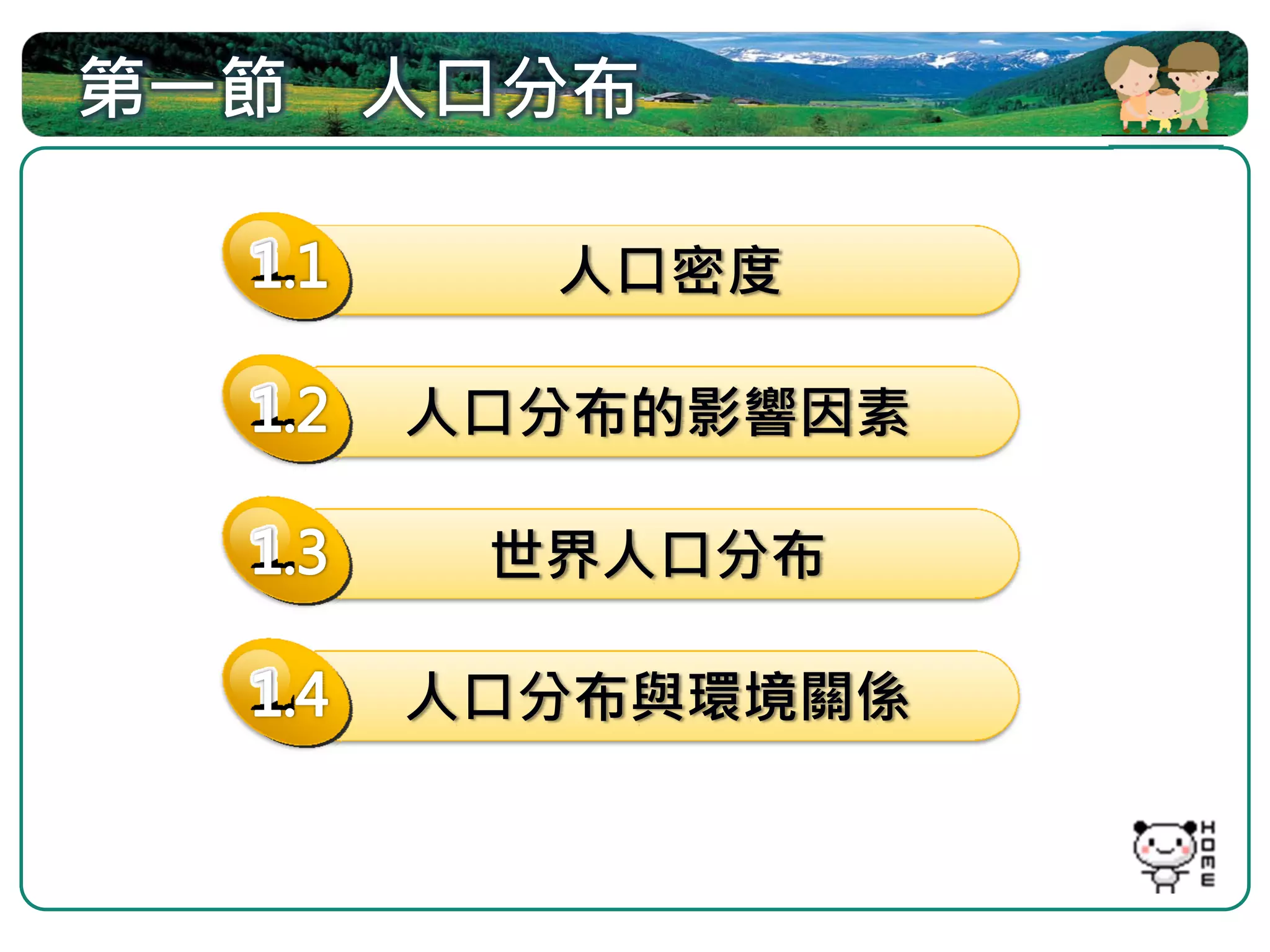 第一節 人口分布

      人口密度

    人口分布的影響因素

     世界人口分布

    人口分布與環境關係
 