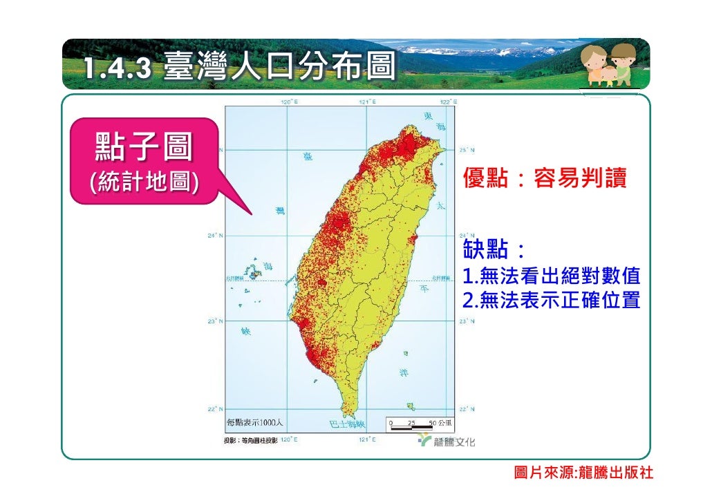 1.4.3 臺灣人口密度圖
區域密度圖
 /面量圖           優點：
 (統計地圖)         適用於不連續的地
                理現象
                缺點：
                無...