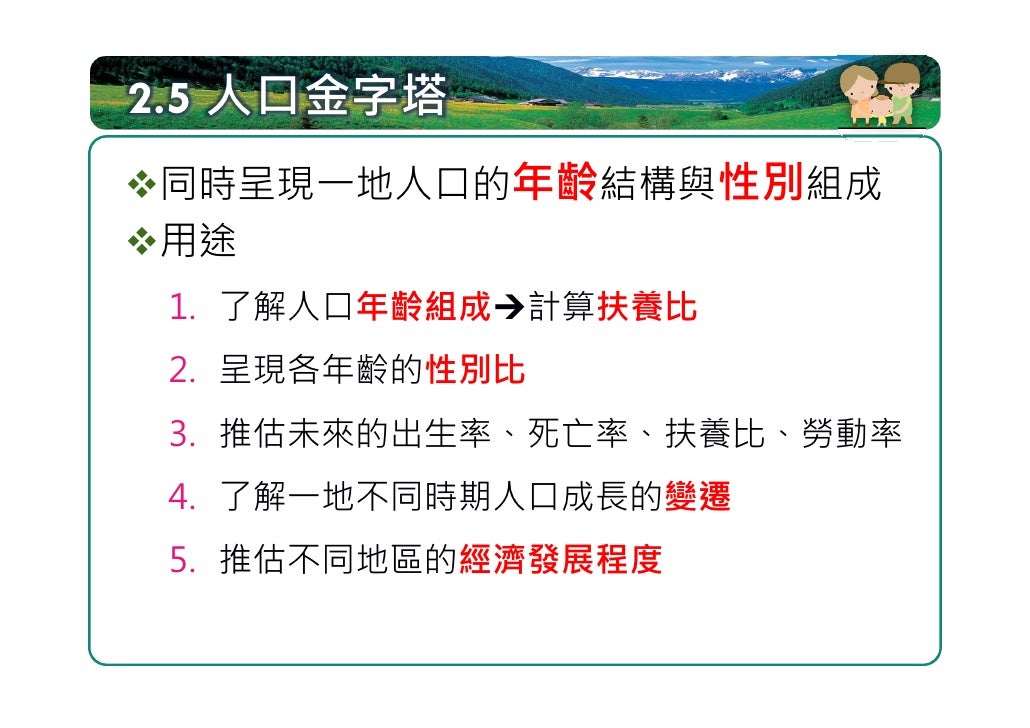 2.5.1 臺灣人口金字塔的演變
死亡率高 幼年           社會轉型
人口比率不高            出生率降低




1915:

                     少子化 人口金字
        醫藥進步 幼年  ...