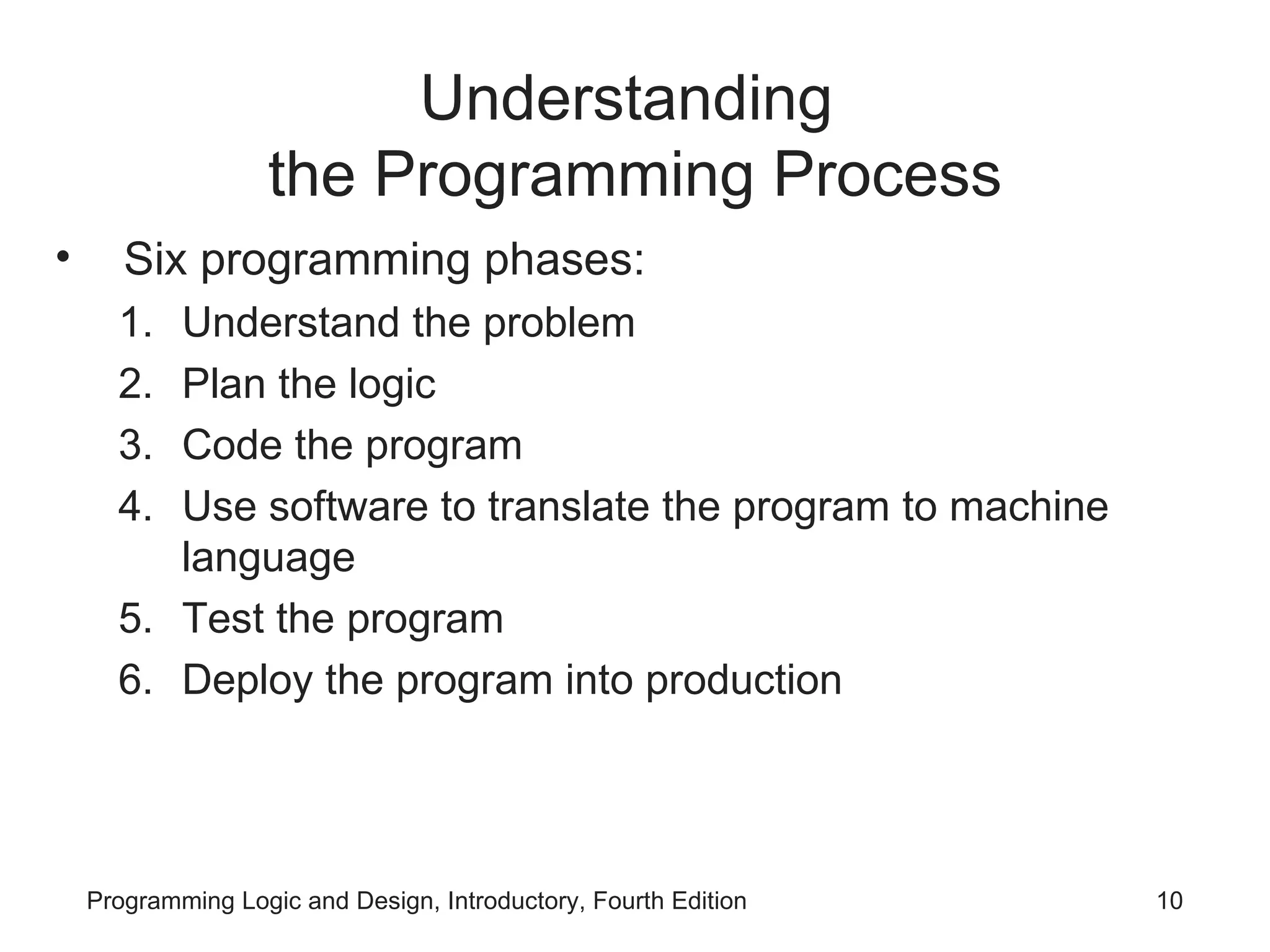 Understanding the Programming Process Six programming phases: Understand the problem Plan the logic Code the program Use software to translate the program to machine language Test the program Deploy the program into production 