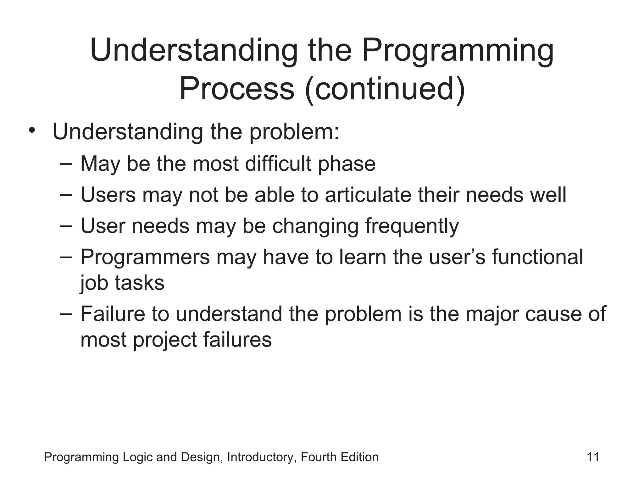Understanding the Programming Process (continued) Understanding the problem: May be the most difficult phase Users may not be able to articulate their needs well User needs may be changing frequently Programmers may have to learn the user’s functional job tasks Failure to understand the problem is the major cause of most project failures 