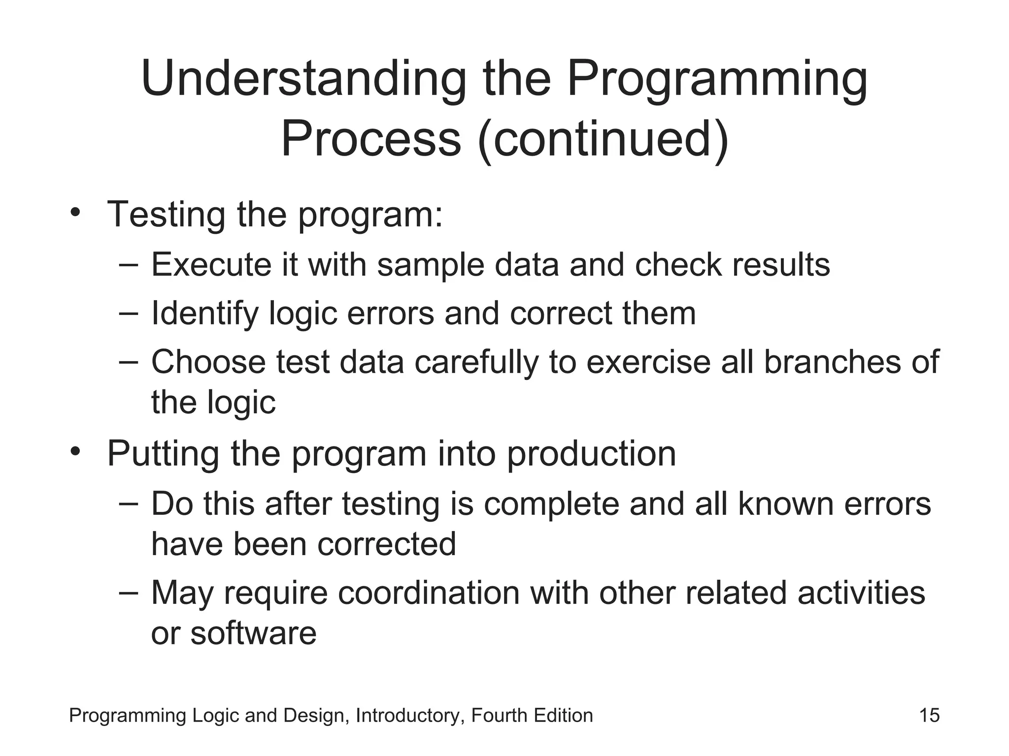 Understanding the Programming Process (continued) Testing the program: Execute it with sample data and check results Identify logic errors and correct them Choose test data carefully to exercise all branches of the logic Putting the program into production Do this after testing is complete and all known errors have been corrected May require coordination with other related activities or software 