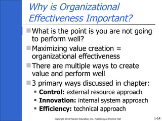 Why is Organizational Effectiveness Important? What is the point is you are not going to perform well? Maximizing value creation = organizational effectiveness There are multiple ways to create value and perform well 3 primary ways discussed in chapter: Control:  external resource approach Innovation:  internal system approach Efficiency:  technical approach Copyright 2010 Pearson Education, Inc. Publishing as Prentice Hall 