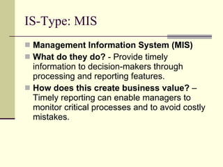 IS-Type: MIS Management Information System (MIS) What do they do?  - Provide timely information to decision-makers through processing and reporting features.  How does this create business value?  – Timely reporting can enable managers to monitor critical processes and to avoid costly mistakes. 