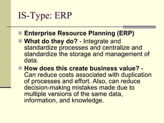 IS-Type: ERP Enterprise Resource Planning (ERP) What do they do?  - Integrate and standardize processes and centralize and standardize the storage and management of data. How does this create business value?  - Can reduce costs associated with duplication of processes and effort. Also, can reduce decision-making mistakes made due to multiple versions of the same data, information, and knowledge. 