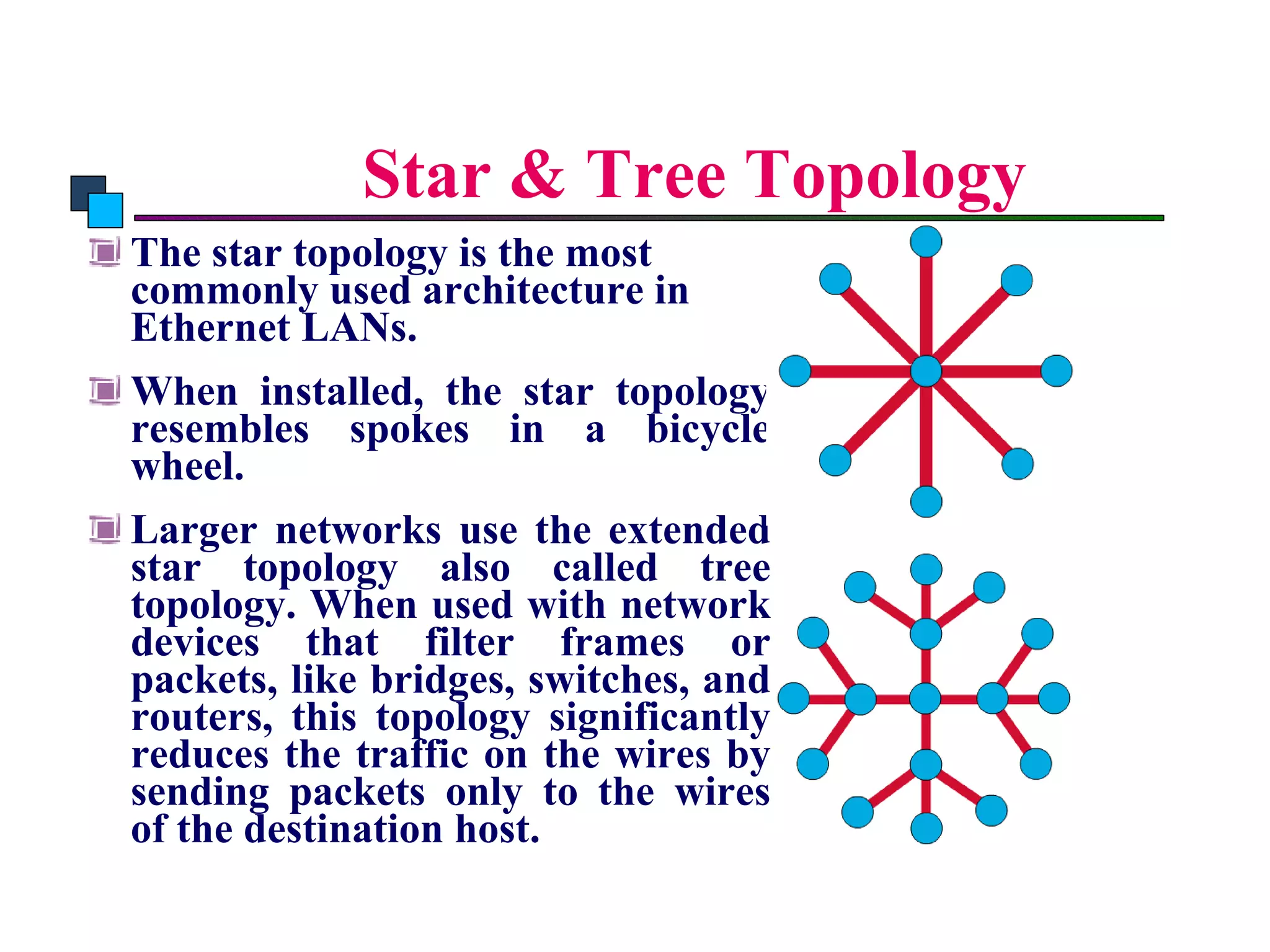 Star & Tree Topology The star topology is the most commonly used architecture in Ethernet LANs.  When installed, the star topology resembles spokes in a bicycle wheel. Larger networks use the extended star topology also called tree topology. When used with network devices that filter frames or packets, like bridges, switches, and routers, this topology significantly reduces the traffic on the wires by sending packets only to the wires of the destination host. Itroduction to Computer Networks 
