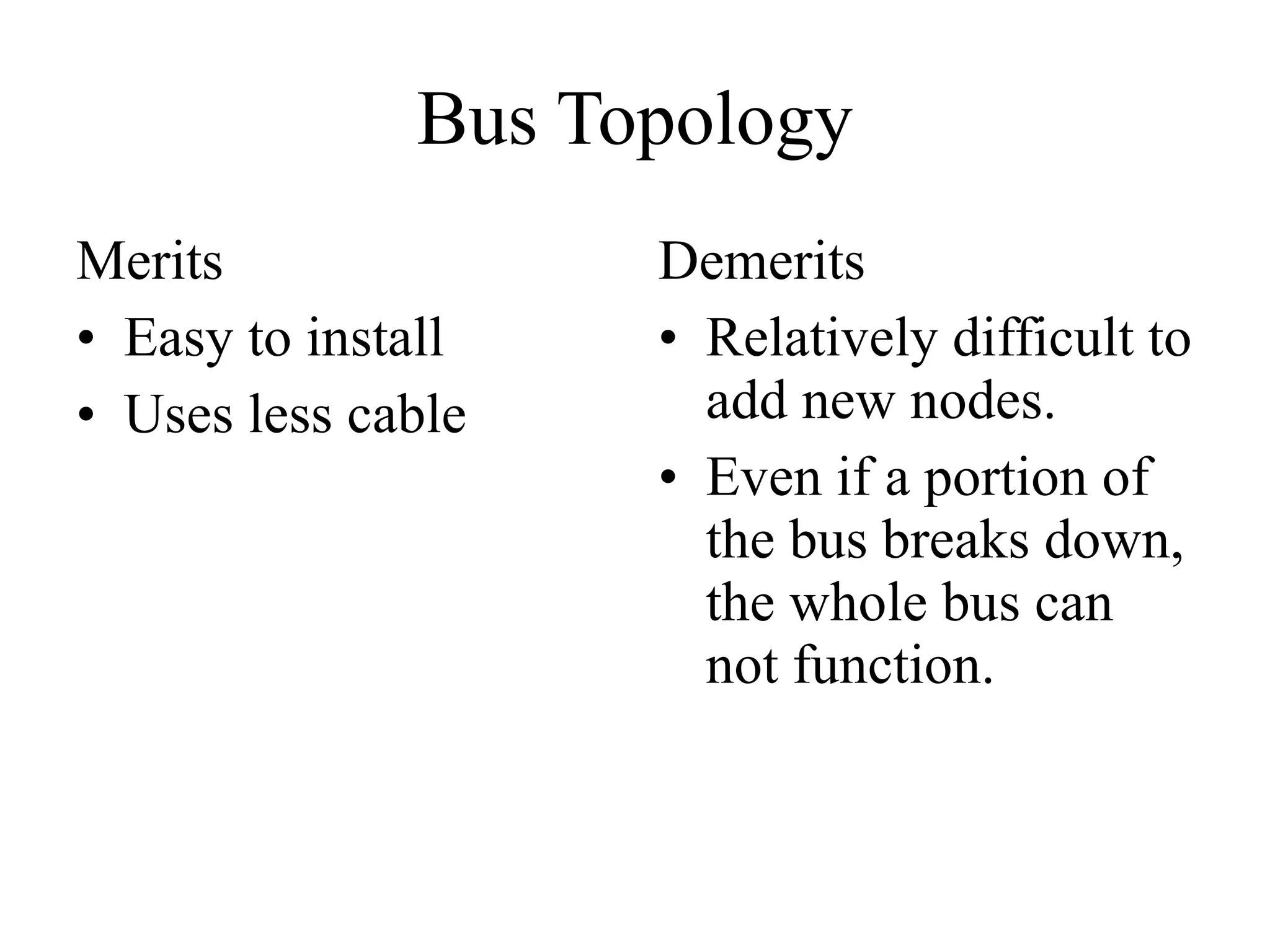 Bus Topology Merits Easy to install Uses less cable Demerits Relatively difficult to add new nodes. Even if a portion of the bus breaks down, the whole bus can not function. 