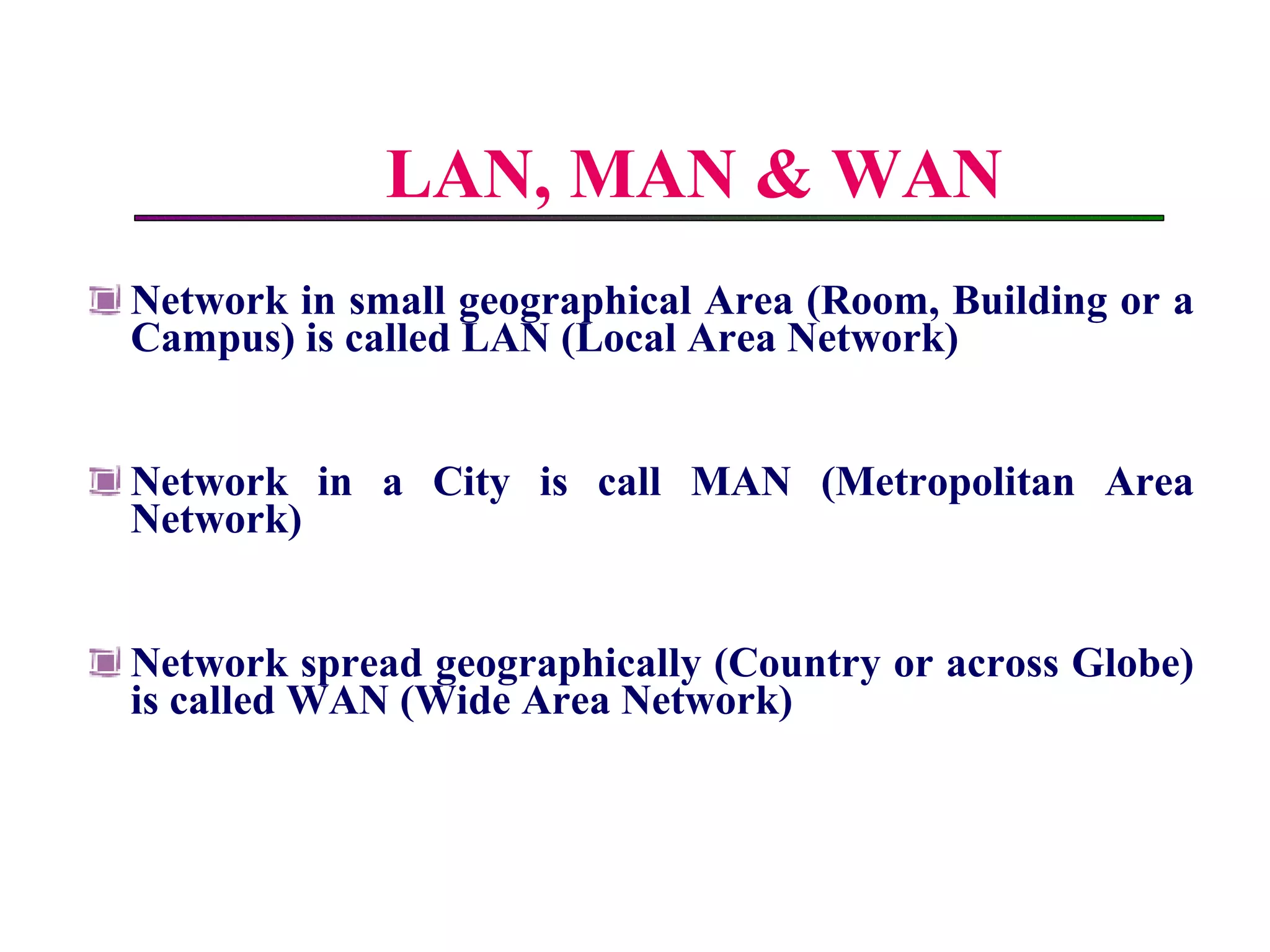 LAN, MAN & WAN Network in small geographical Area (Room, Building or a Campus) is called LAN (Local Area Network) Network in a City is call MAN (Metropolitan Area Network) Network spread geographically (Country or across Globe) is called WAN (Wide Area Network) 