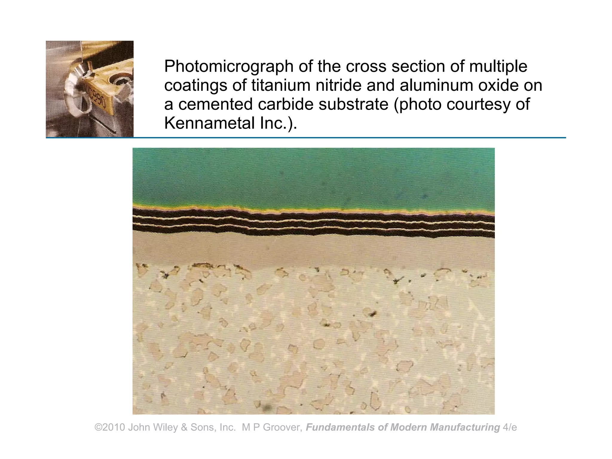 Photomicrograph of the cross section of multiple coatings of titanium nitride and aluminum oxide on a cemented carbide substrate (photo courtesy of Kennametal Inc.). 