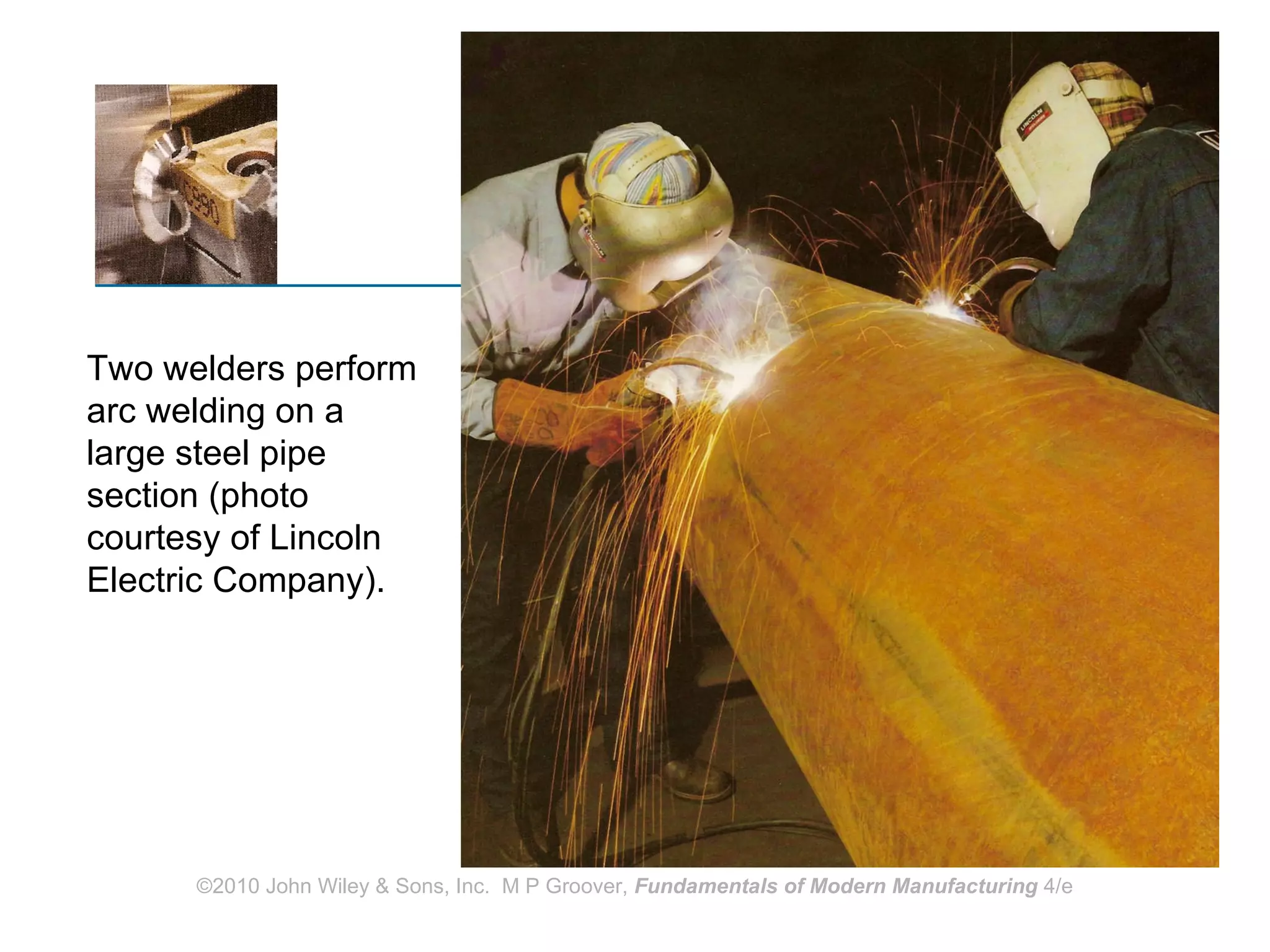 Two welders perform arc welding on a large steel pipe section (photo courtesy of Lincoln Electric Company). 