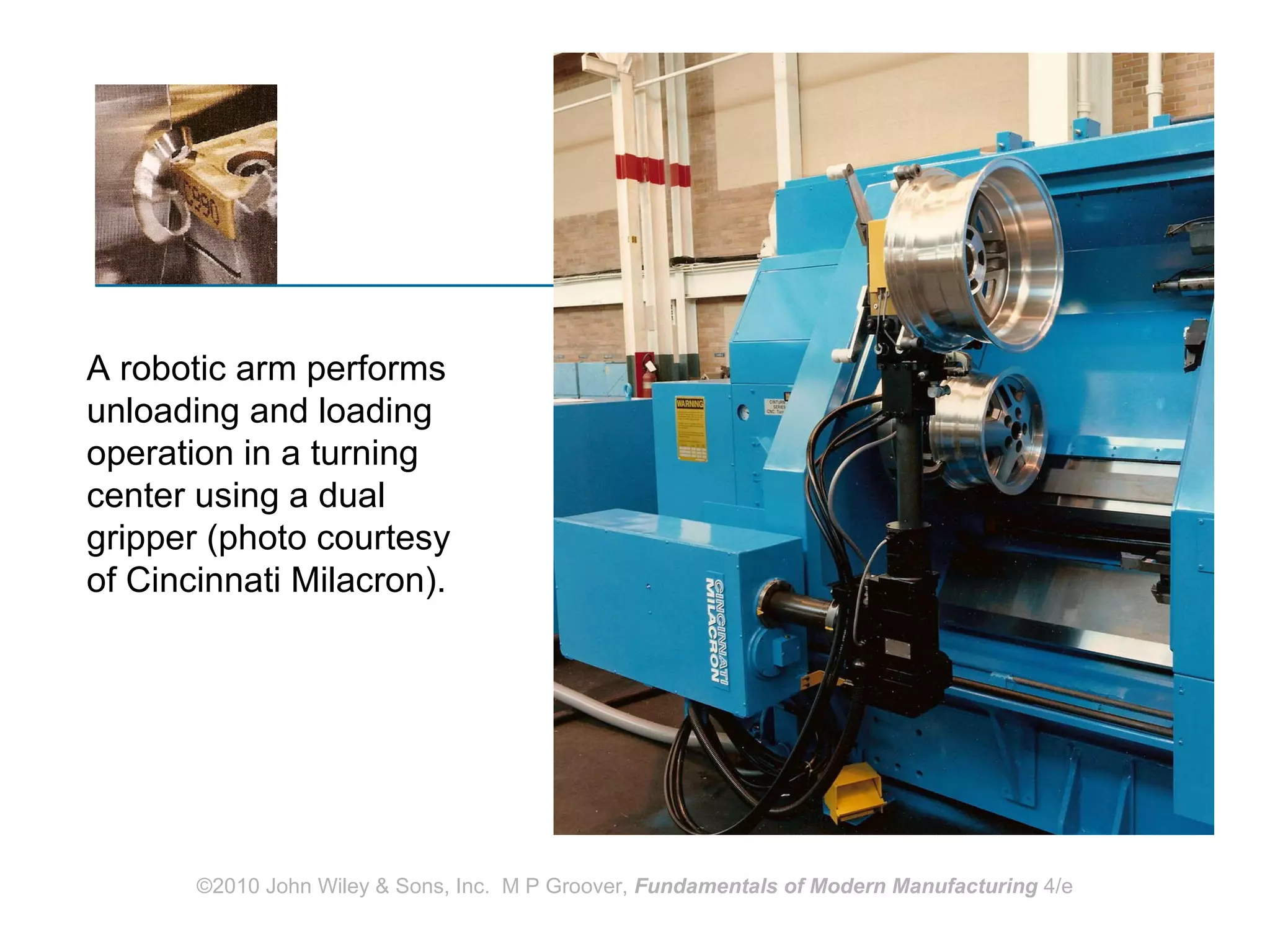 A robotic arm performs unloading and loading operation in a turning center using a dual gripper (photo courtesy of Cincinnati Milacron). 