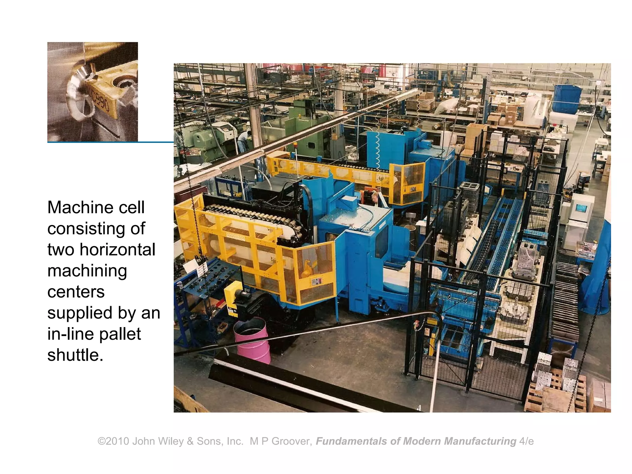 Machine cell consisting of two horizontal machining centers supplied by an in-line pallet shuttle. 