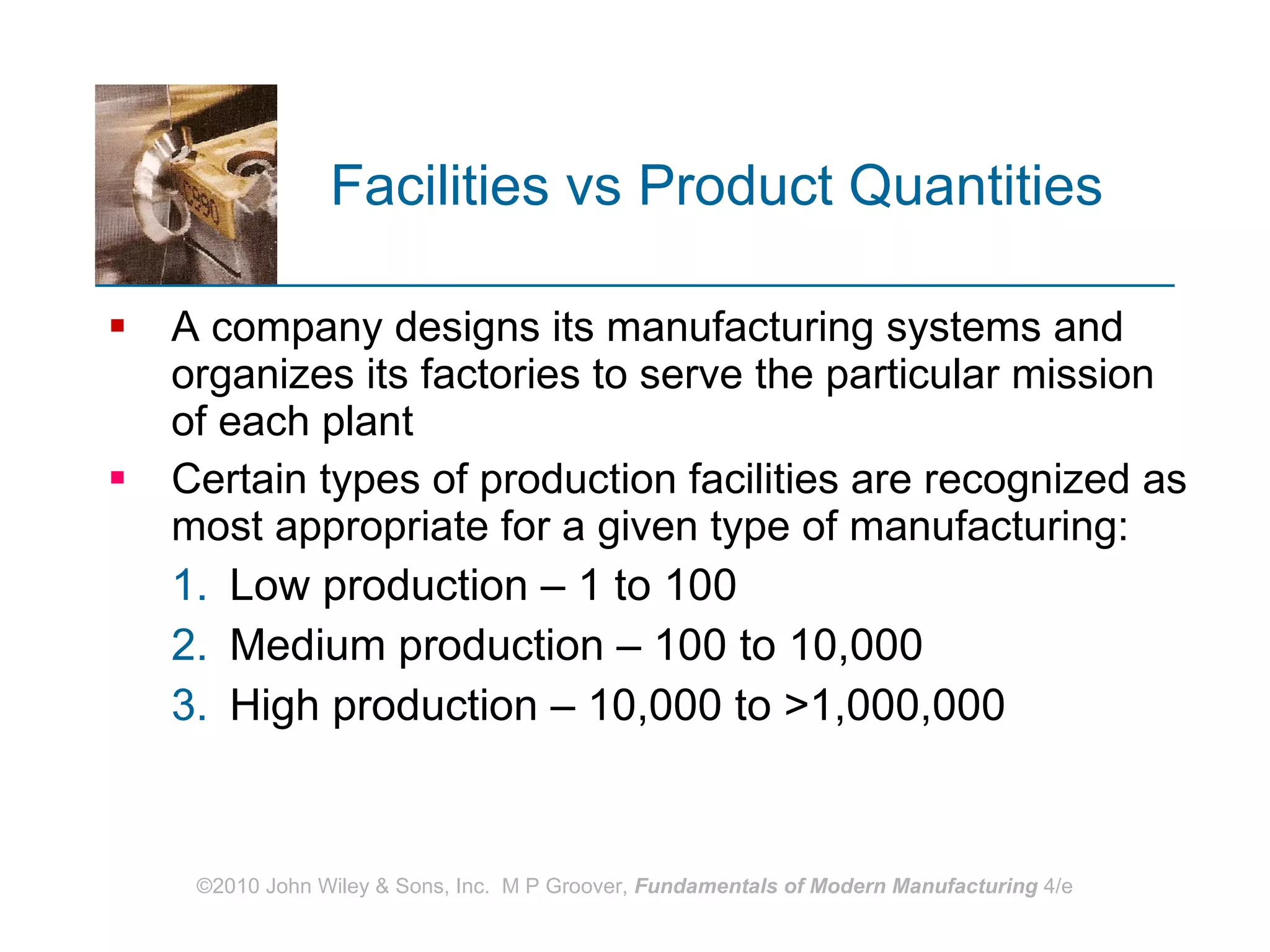 Facilities vs Product Quantities   A company designs its manufacturing systems and organizes its factories to serve the particular mission of each plant Certain types of production facilities are recognized as most appropriate for a given type of manufacturing: Low production – 1 to 100 Medium production – 100 to 10,000 High production – 10,000 to >1,000,000 