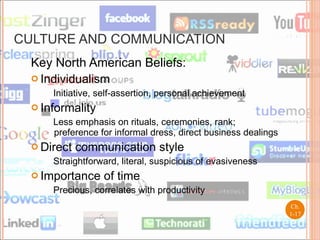 CULTURE AND COMMUNICATION Key North American Beliefs: Individualism Initiative, self-assertion, personal achievement Informality Less emphasis on rituals, ceremonies, rank; preference for informal dress, direct business dealings Direct communication style Straightforward, literal, suspicious of evasiveness Importance of time Precious, correlates with productivity Ch. 1- 