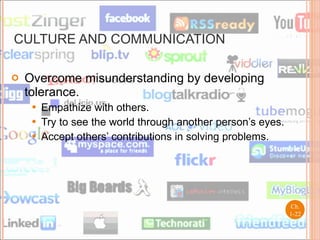 CULTURE AND COMMUNICATION Overcome misunderstanding by developing tolerance. Empathize with others. Try to see the world through another person’s eyes. Accept others’ contributions in solving problems. Ch. 1- 