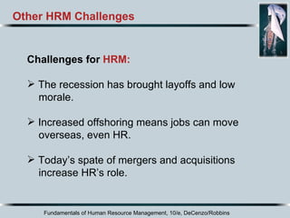 Fundamentals of Human Resource Management, 10/e, DeCenzo/Robbins Other HRM Challenges Challenges for  HRM: The recession has brought layoffs and low morale. Increased offshoring means jobs can move overseas, even  HR . Today’s spate of mergers and acquisitions increase HR’s role.  